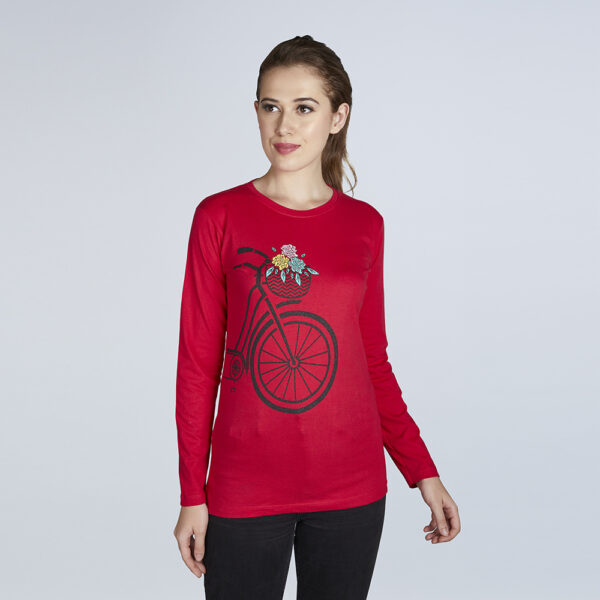 Women’s Full Sleeve Round Neck Cycle Print Red T-Shirt