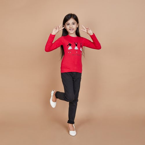 Girl’s Solid Designer Print Red T-Shirt