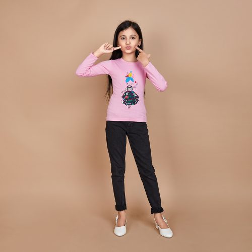 Girl’s Solid Designer Print Pink Full Sleeve T-Shirt
