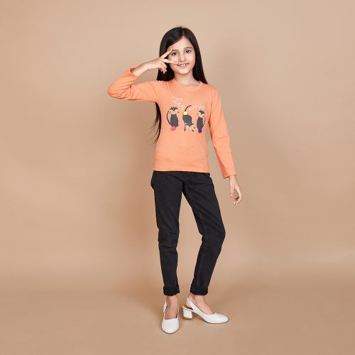 Girl’s Solid Designer Print Orange Full Sleeve T-Shirt