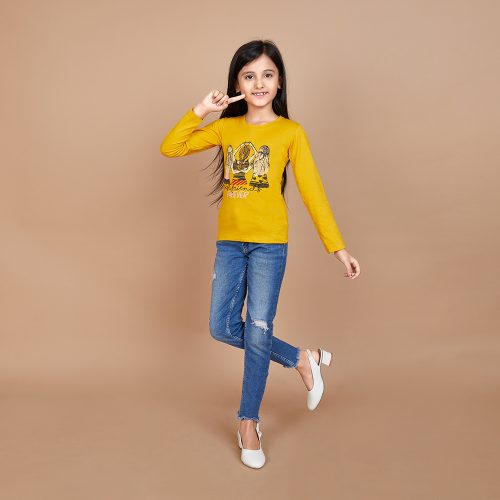 Girl’s Solid Designer Print Yellow Full Sleeve T-Shirt