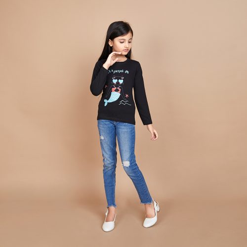 Girl’s Solid Designer Print Black T-Shirt
