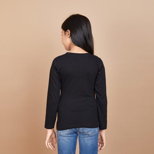 Girl’s Solid Designer Print Black T-Shirt